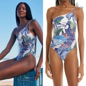 NWT FARM Rio Anthropologie Swimsuit Bikini One Piece Blue White Medium
